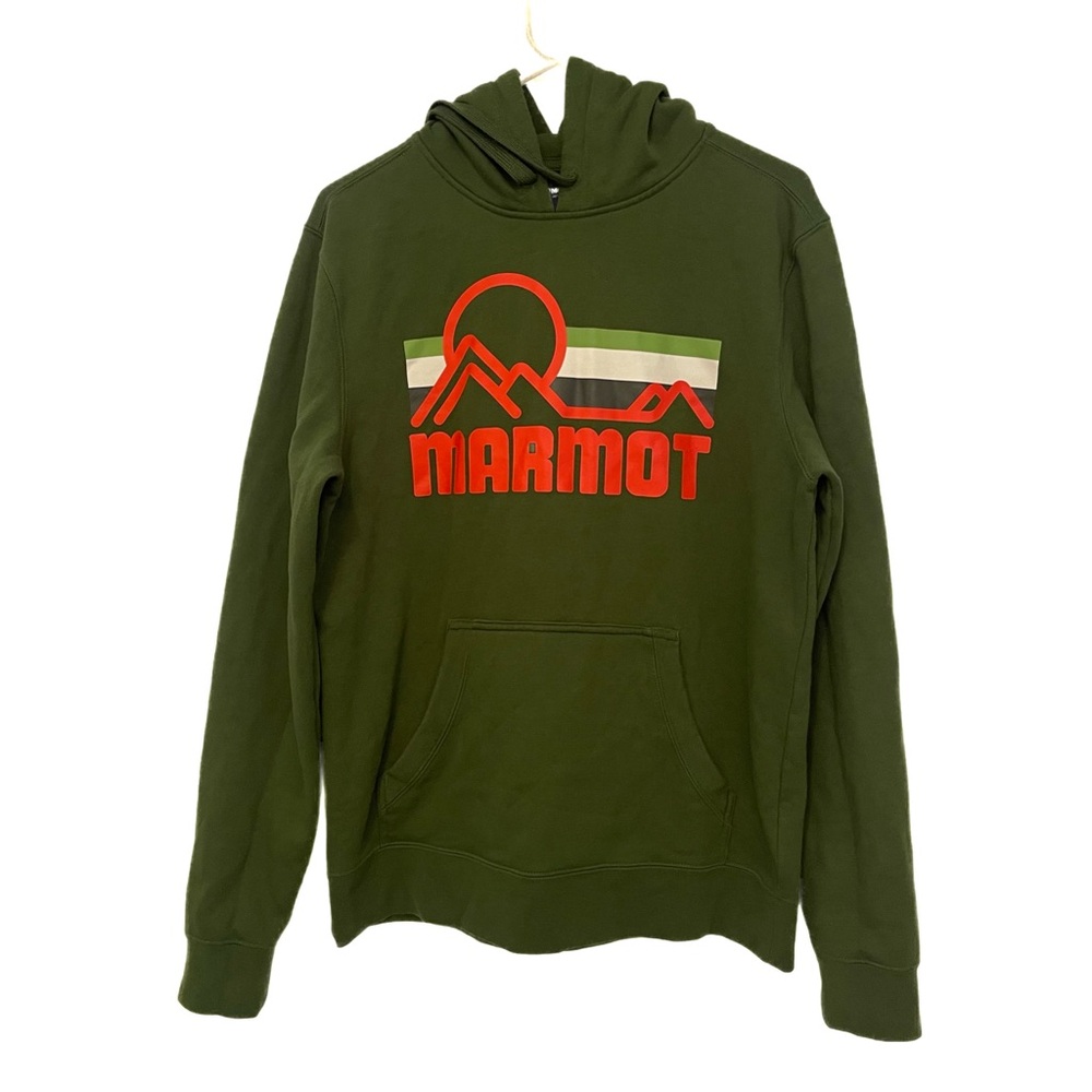 Marmot Green Logo Hoodie Mens Womens Size Medium Pullover Camp Hiking Sweatshirt